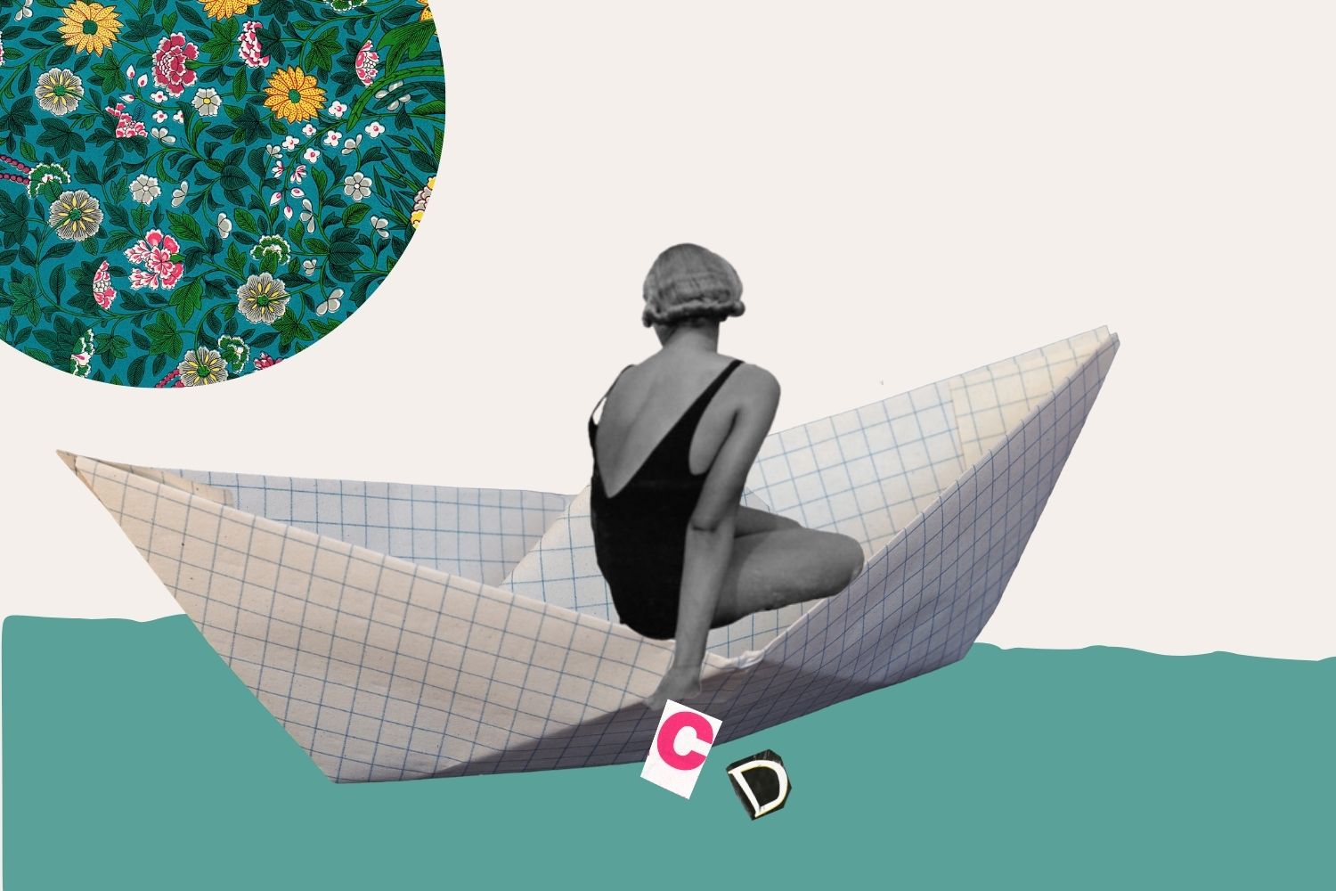un collage composto da diversi elementi: una barchetta di carta sulla quale siede una donna in costume da bagno nero, un ritaglio verde che rappresenta il mare, due ritagli di lettere (una C e una D), in alto a sinistra un ritaglio rotondo sbuca dall'angolo come fosse un sole o una luna piena, ma è colorato, ha una fantasia di fiori gialli e rosa su sfondo verde