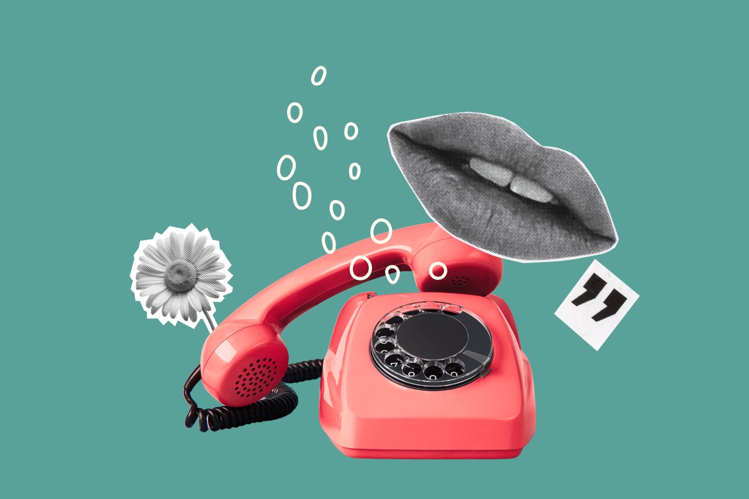 la scrittura che ha un tono di voce umano ed empatico è raffigurata nell'immagine da un telefono da cui spuntano un ritaglio a forma di bocca, delle bollicine, un fiore e delle virgolette che è come se chiudessero il discorso