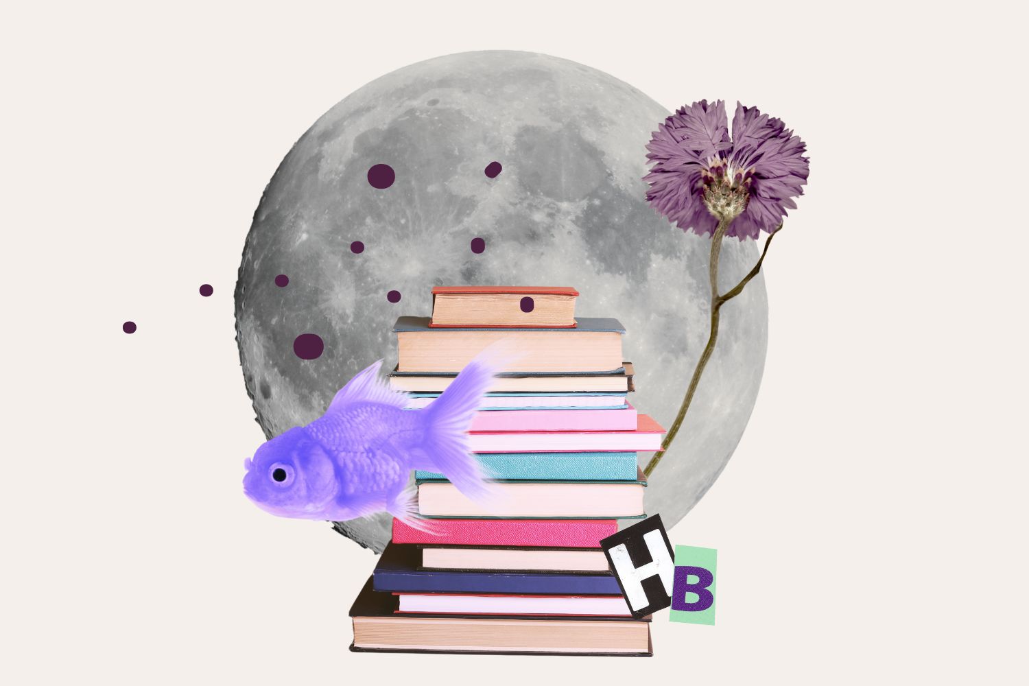 libri per ispirare la creatività: nell'immagine, un collage digitale. Una pila di libri davanti a una grande luna piena, un pesce viola che aleggia nell'aria, un fiore sempre viola, alcune lettere dell'alfabeto ritagliate e dei puntini come fatti a pennarello