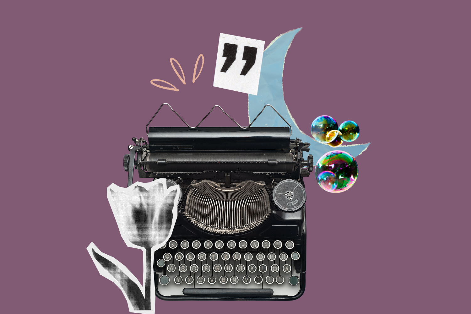 un collage digitale: una macchina da scrivere, un fiore ritagliato da una pagina in bianco e nero, una luna di carta azzurra, bolle di sapone e uno sfondo viola