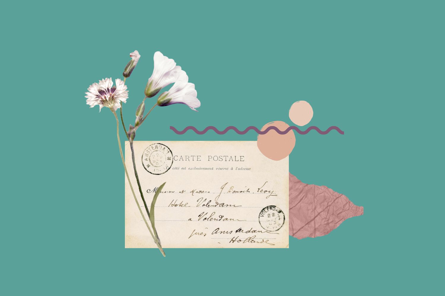 collage digitale che rappresenta una newsletter: una cartolina, un paio di fiori bianchi, un ritaglio di carta rosa e alcuni segni grafici come disegnati a pennarello