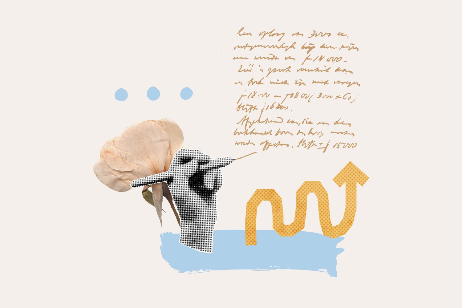 collage digitale che simboleggia l'identità semantica di una comunicazione: una mano che lascia una traccia di righe scritte in corsivo, un fiore secco come schiacciato tra le pagine di un libro e segni grafici azzurri e gialli