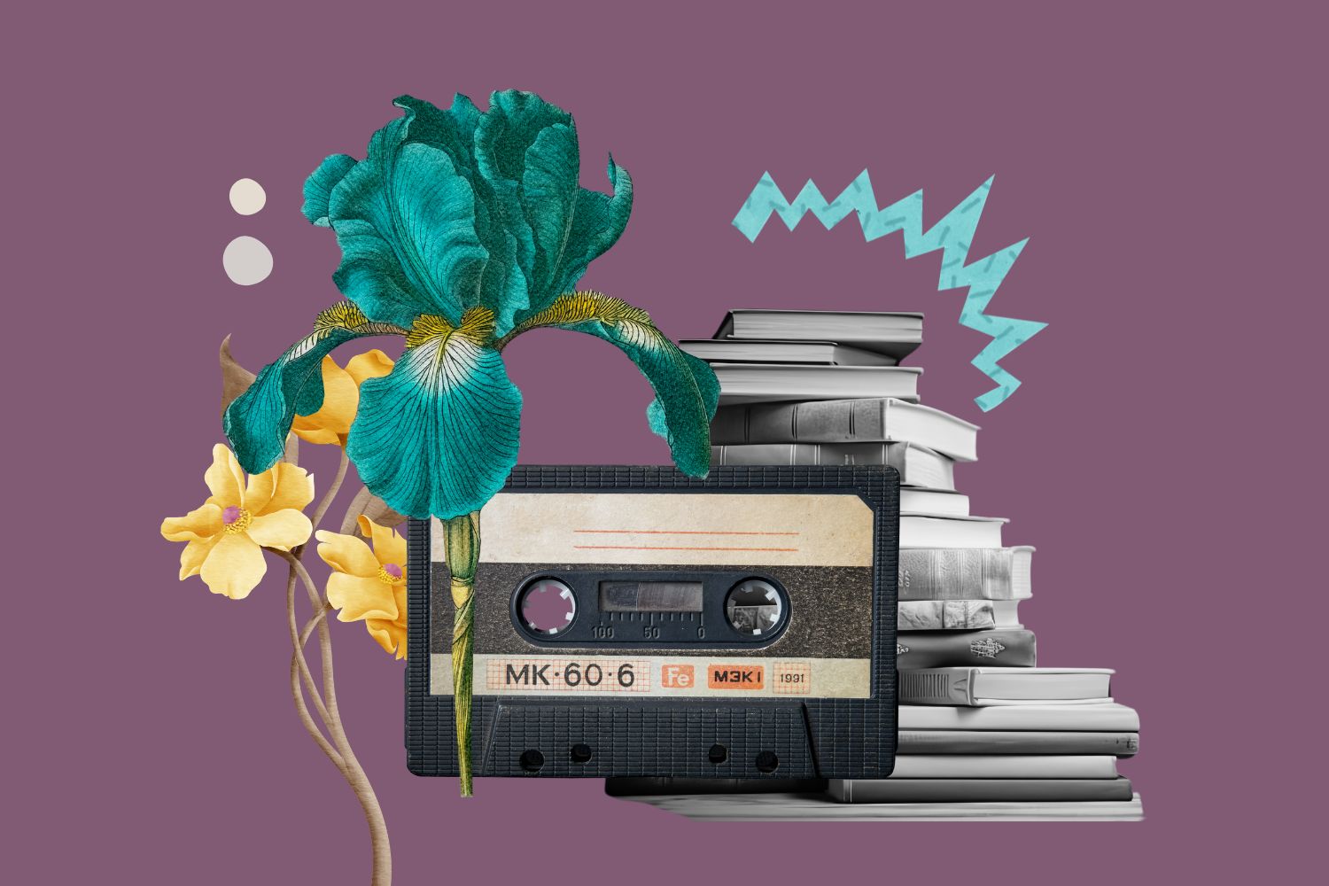 collage digitale che rappresenta l'assunto "leggere è innaturale": nell'immagine, un'audiocassetta, una pila di libri e due fiori dai colori sgargianti