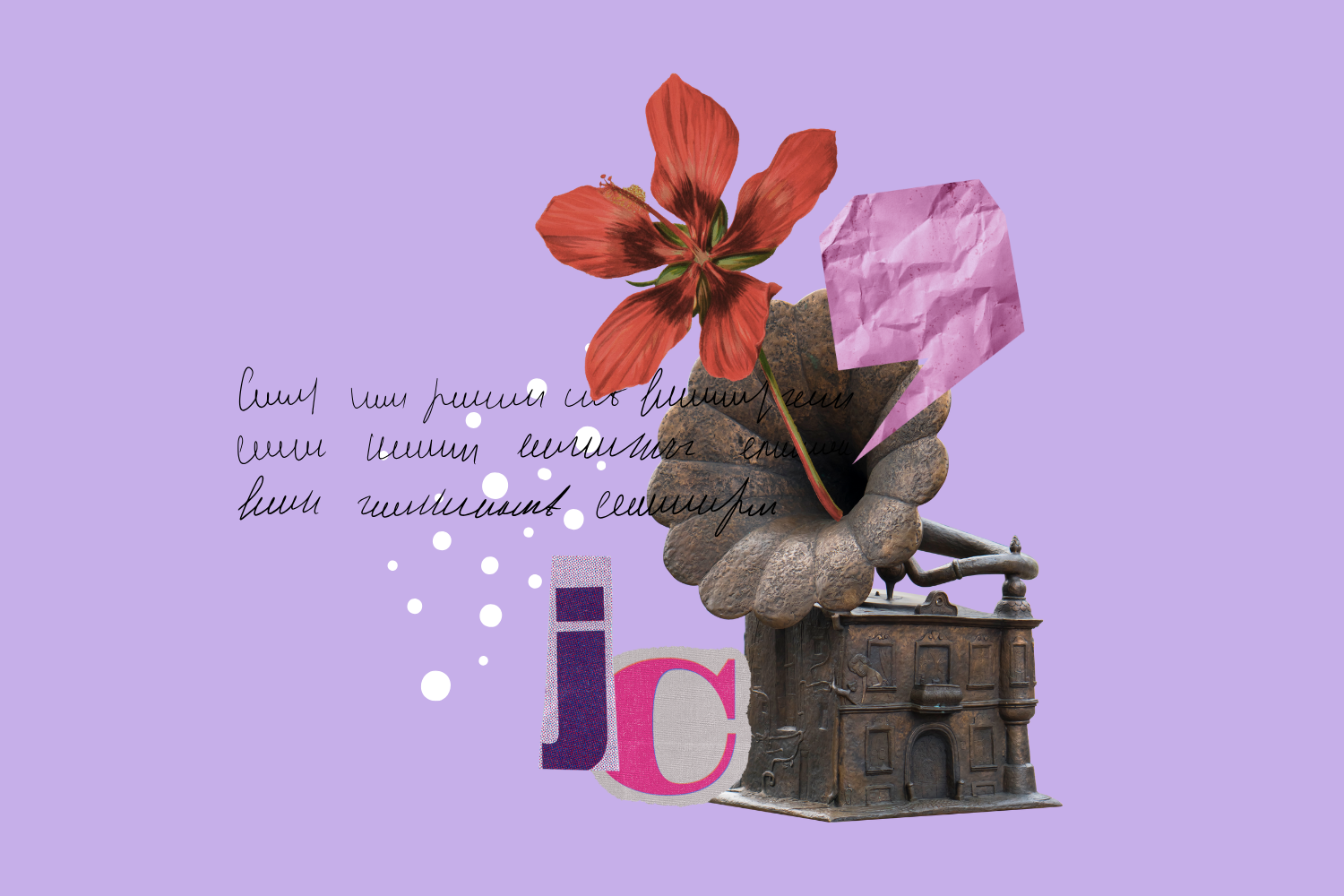 un collage che rappresenta il rumore di fondo in comunicazione: un grammofono dal quale escono scritte incomprensibili, fiori, lettere ritagliate e segni grafici