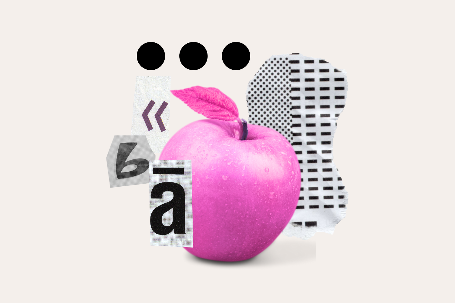 collage digitale che rappresenta la scuola: una mela rosa, lettere dell'alfabeto ritagliate e un ritaglio di carta con segni grafici neri