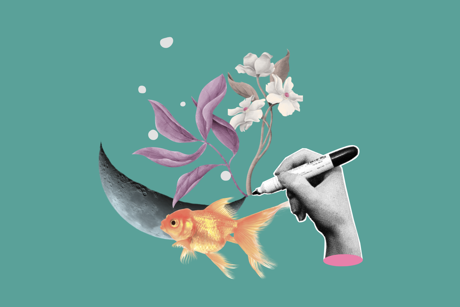 collage digitale che raffigura lo scrivere a mano: una mano impugna un pennarello da cui escono fiori, una luna e un pesce