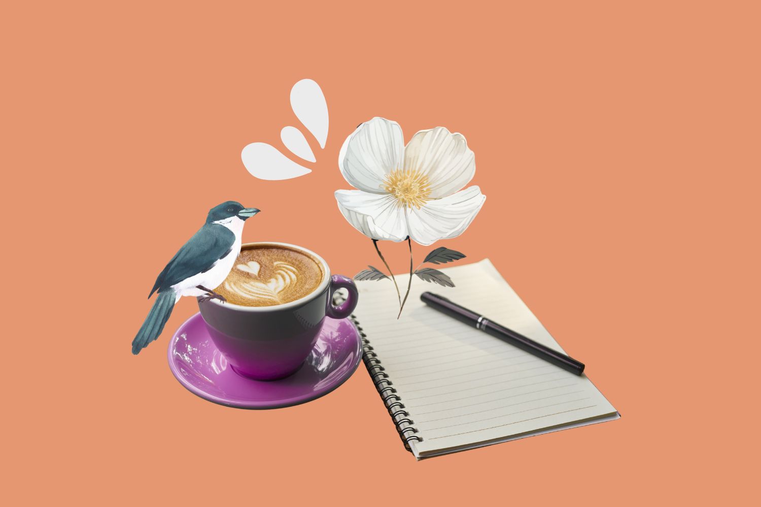 un collage digitale che rappresenta la scrittura: da un quaderno aperto spunta un fiore. A fianco, una tazza viola che contiene un cappuccino e, sul suo bordo, un piccolo uccello guarda il fiore spuntato dalle righe.