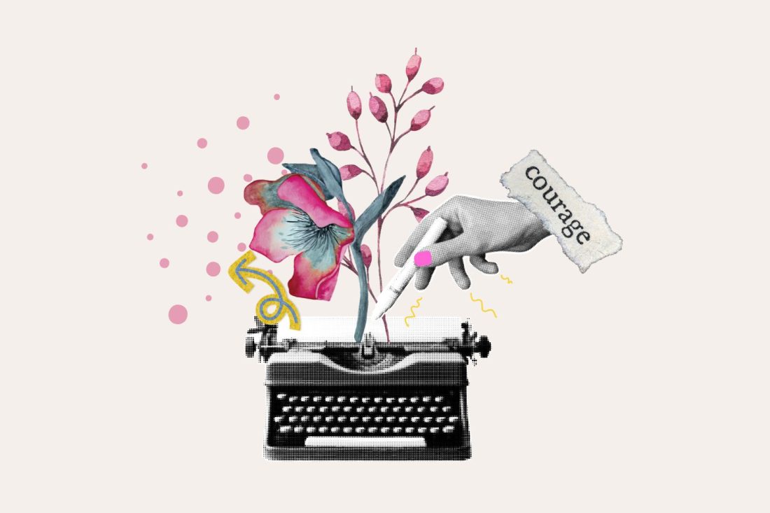 un collage digitale che rappresenta la scrittura: una macchina da scrivere antica, una mano che scrive, fiori e segni grafici come a disegnare le idee che sbocciano dal testo